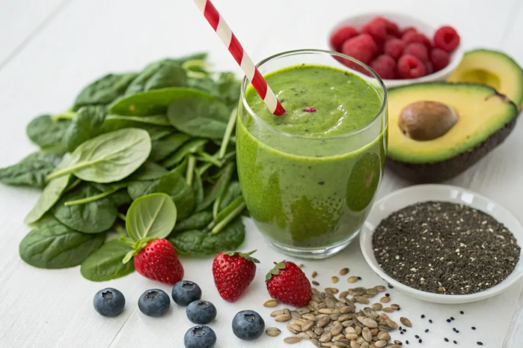 Diabetic-friendly green smoothie with spinach, avocado, and chia seeds