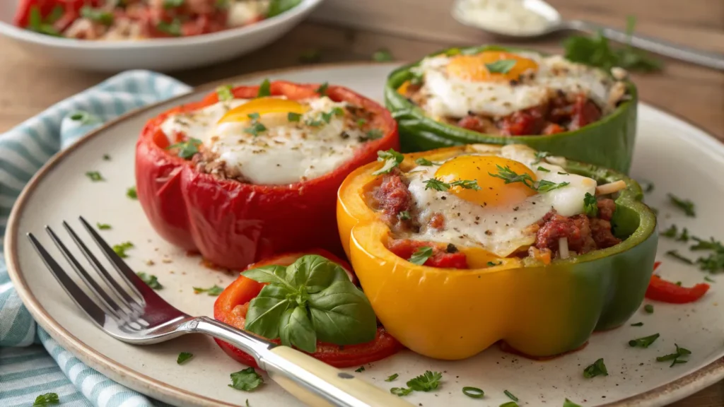 Low-carb stuffed bell peppers with eggs, tomatoes, and melted cheese