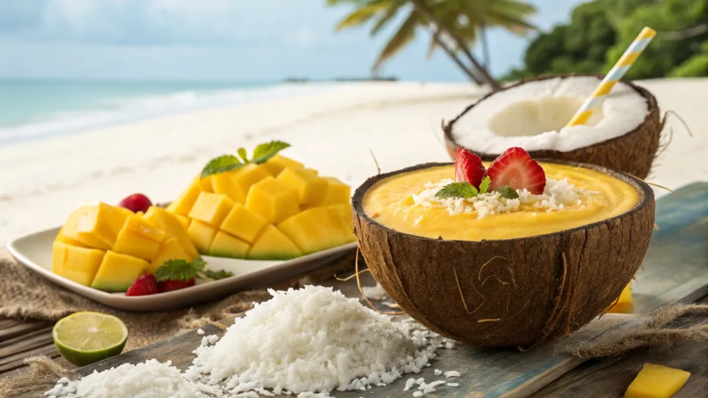 Tropical mango-pineapple smoothie made without yogurt.