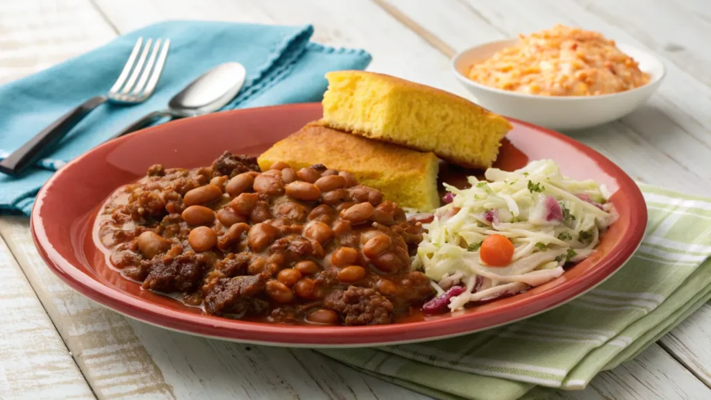 A plate of baked beans with ground beef, cornbread, and coleslaw