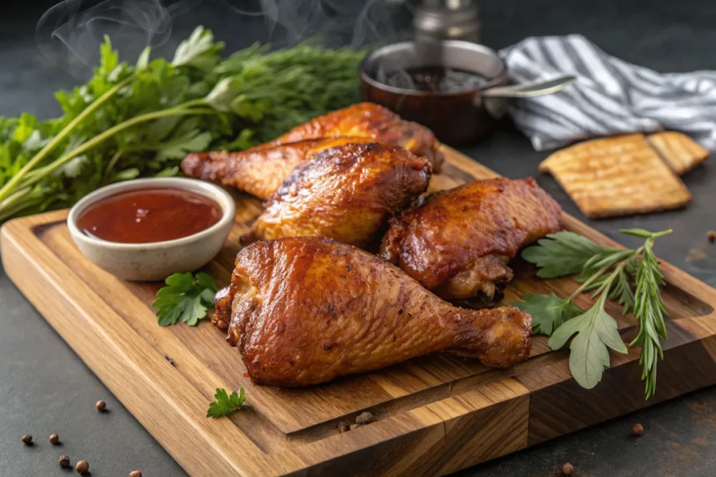 Smoked chicken thighs on a wooden cutting board with BBQ sauce and herbs