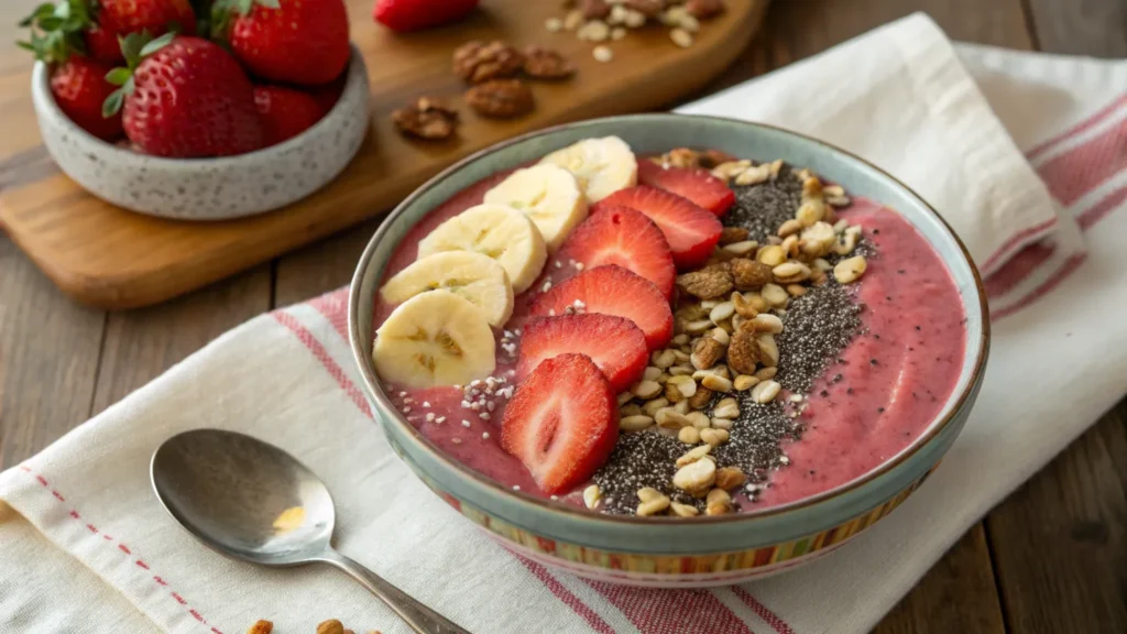 Strawberry breakfast recipes – smoothie bowl with fresh strawberries, banana, and chia seeds.