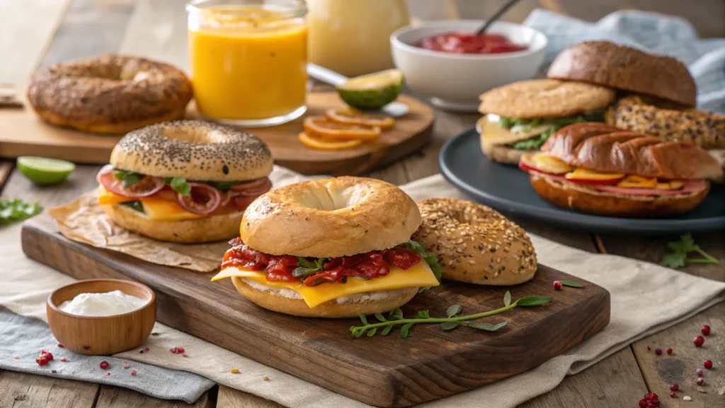 Variety of breakfast sandwiches on bagels, croissants, and English muffins