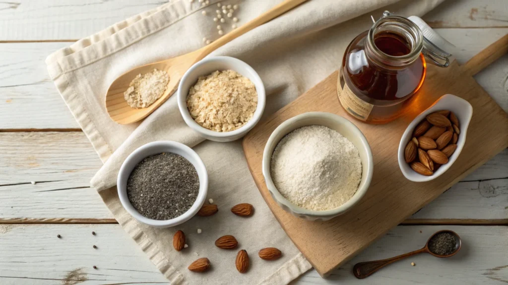 Gluten-free baking ingredients including almond flour, coconut flour, and chia seeds on a wooden table