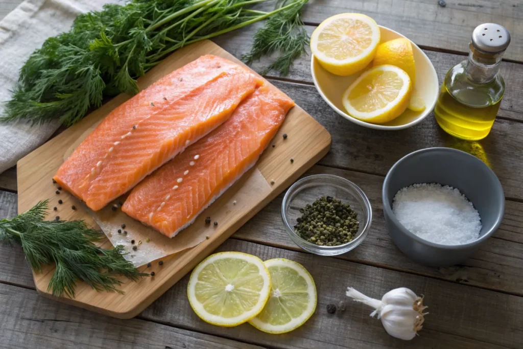 Steelhead Trout Cooking Guide Fresh steelhead trout fillets with olive oil, lemon, garlic, and herbs on a wooden cutting board