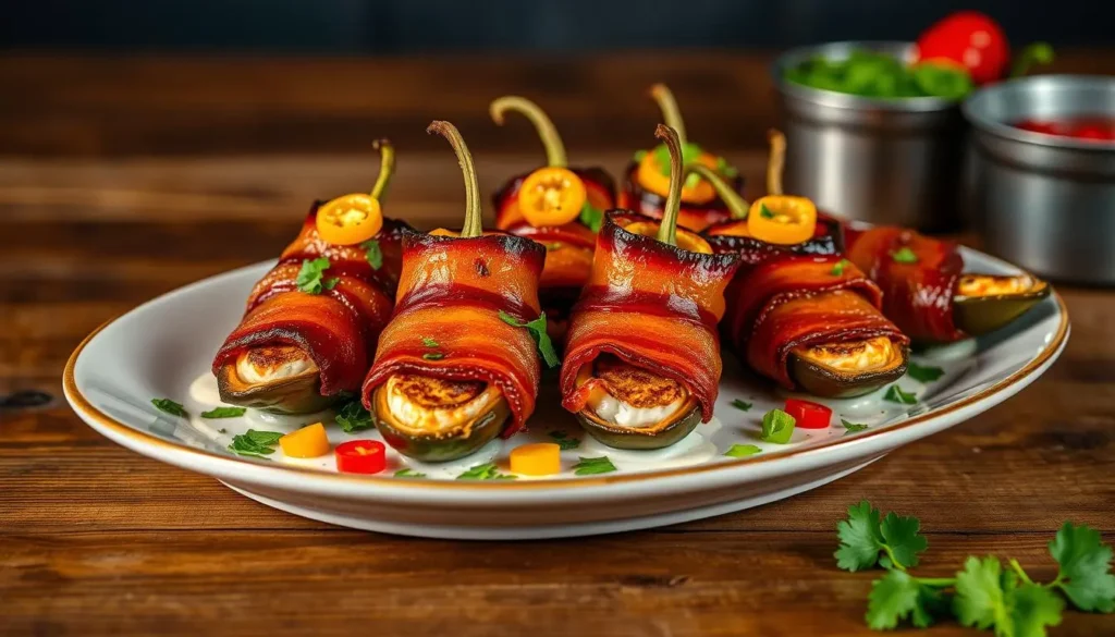 A beautifully styled plate of armadillo eggs, showcasing jalapeños stuffed with creamy cheese, wrapped in crispy bacon, garnished with fresh herbs.