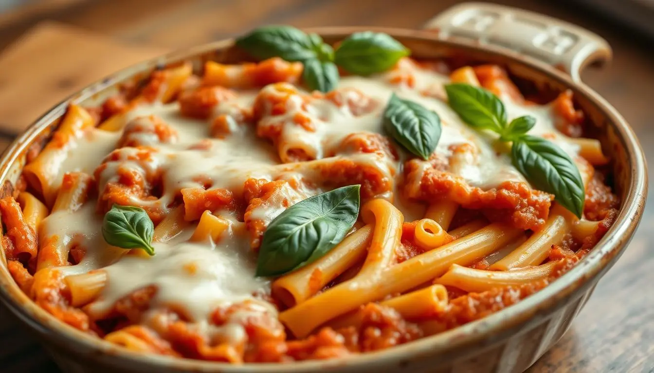 A warm dish of baked ziti with melted cheese and fresh basil leaves.
