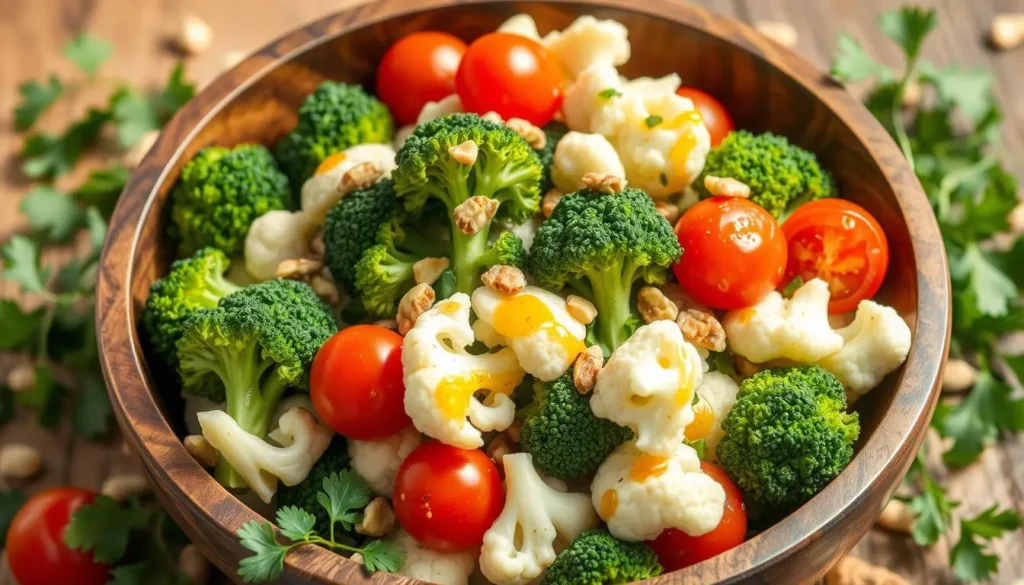 A vibrant bowl of broccoli and cauliflower salad featuring fresh green florets, white cauliflower pieces, cherry tomatoes, and sunflower seeds, drizzled with creamy dressing.