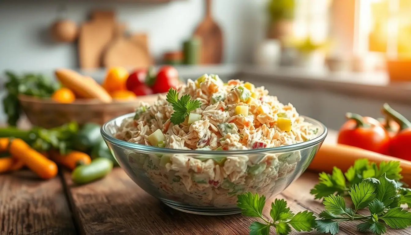 A vibrant bowl of Chicken Salad Chick Recipe Classic Carol, featuring shredded chicken, creamy mayonnaise, and crisp celery, garnished with fresh herbs.