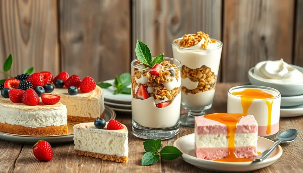 A creamy cottage cheese cheesecake topped with fresh berries and a drizzle of honey, served on a rustic wooden table.