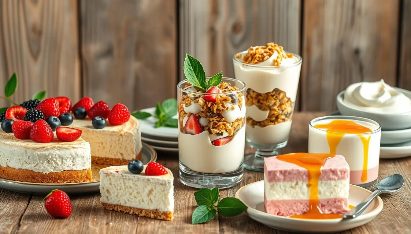 A creamy cottage cheese cheesecake topped with fresh berries and a drizzle of honey, served on a rustic wooden table.