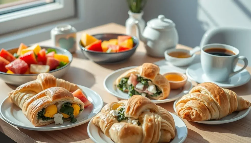 A beautifully set breakfast table with crescent rolls, fruit salad, and coffee.