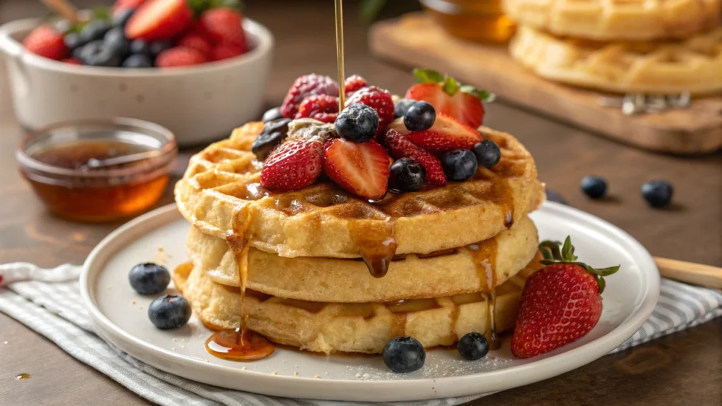Bisquick waffles with syrup and berries.