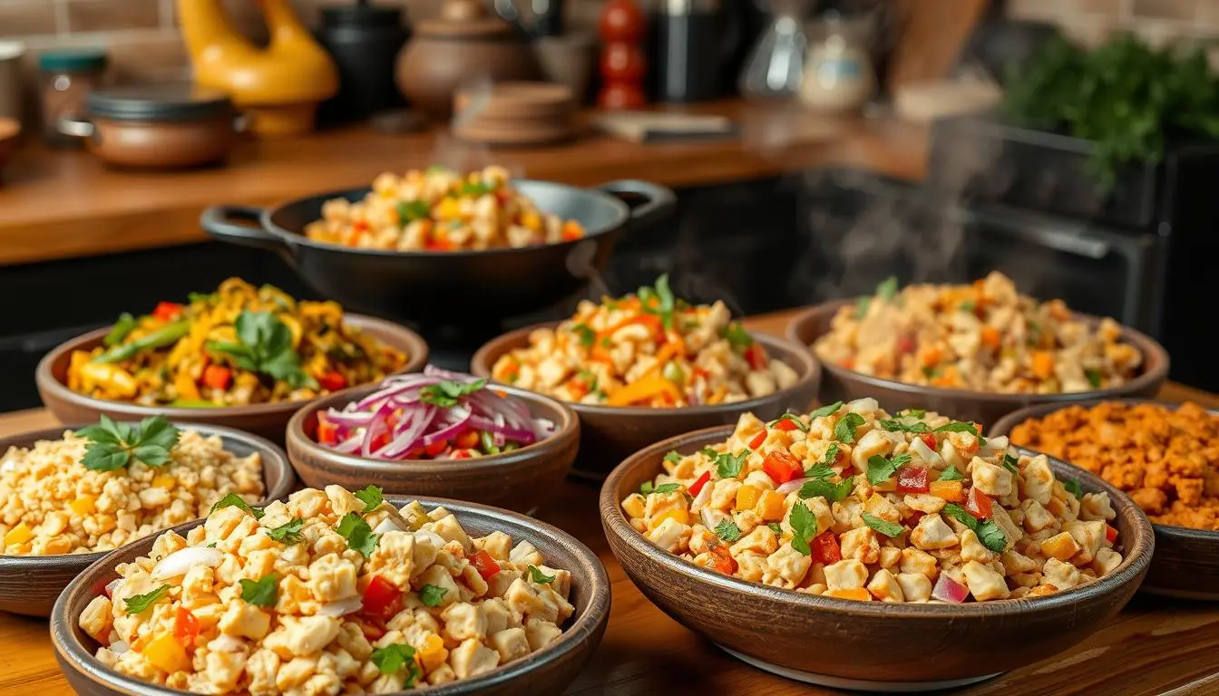 A vibrant spread of diced chicken meals with colorful ingredients like bell peppers, onions, and fresh herbs on a wooden table.