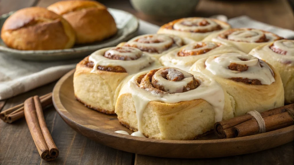 Bisquick cinnamon rolls with cream cheese frosting.