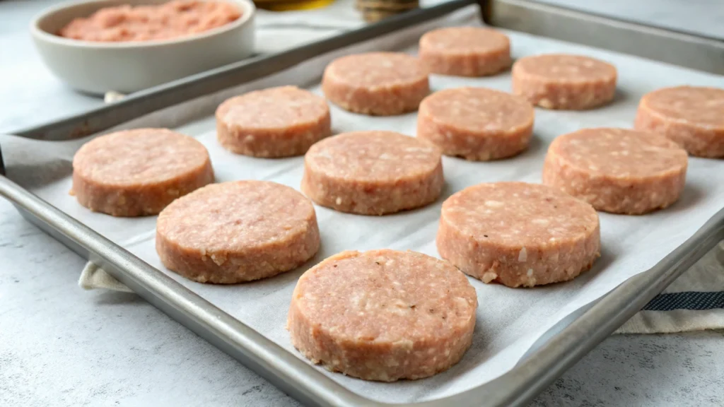 Frozen turkey sausage patties for meal prep.