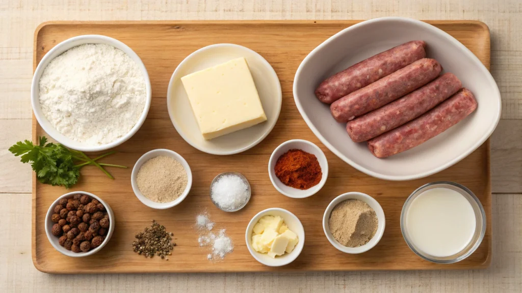 Ingredients for breakfast gravy, including flour, milk, butter, sausage, and spices, arranged neatly on a wooden surface.