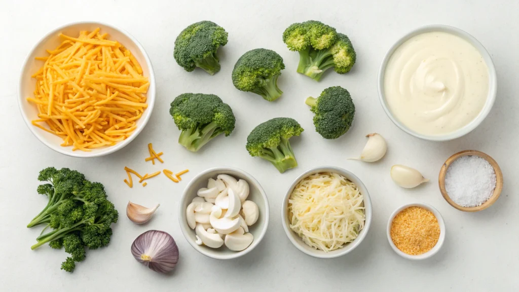 Ingredients for broccoli cheddar soup, including fresh broccoli florets, shredded cheddar cheese, heavy cream, garlic, onions, and butter, laid out on a wooden table.