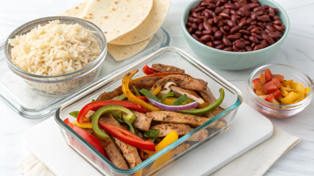 Meal-prep container filled with leftover sheet pan chicken fajitas alongside a serving of rice and beans.