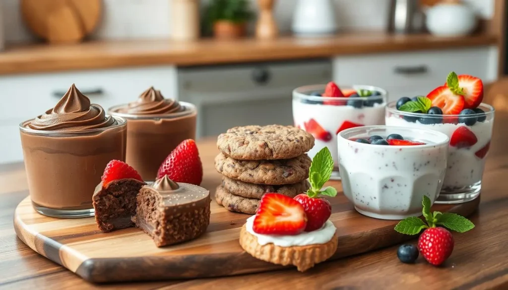 A vibrant arrangement of low-sugar desserts, including chocolate mousse, berry parfaits, and coconut cookies, garnished with fresh fruit and mint.