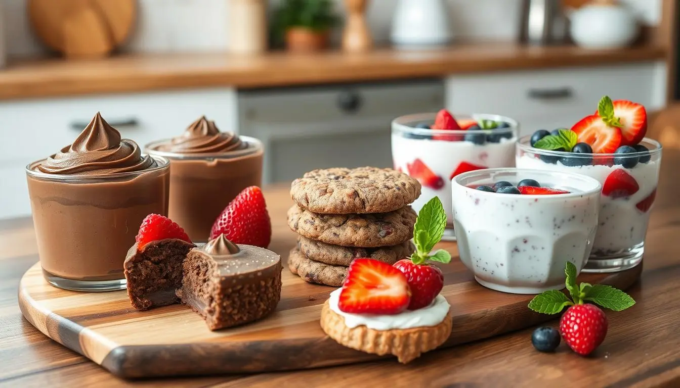 A vibrant arrangement of low-sugar desserts, including chocolate mousse, berry parfaits, and coconut cookies, garnished with fresh fruit and mint.