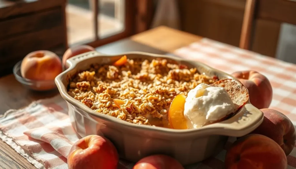 A freshly baked peach crumble with a golden topping served in a white baking dish