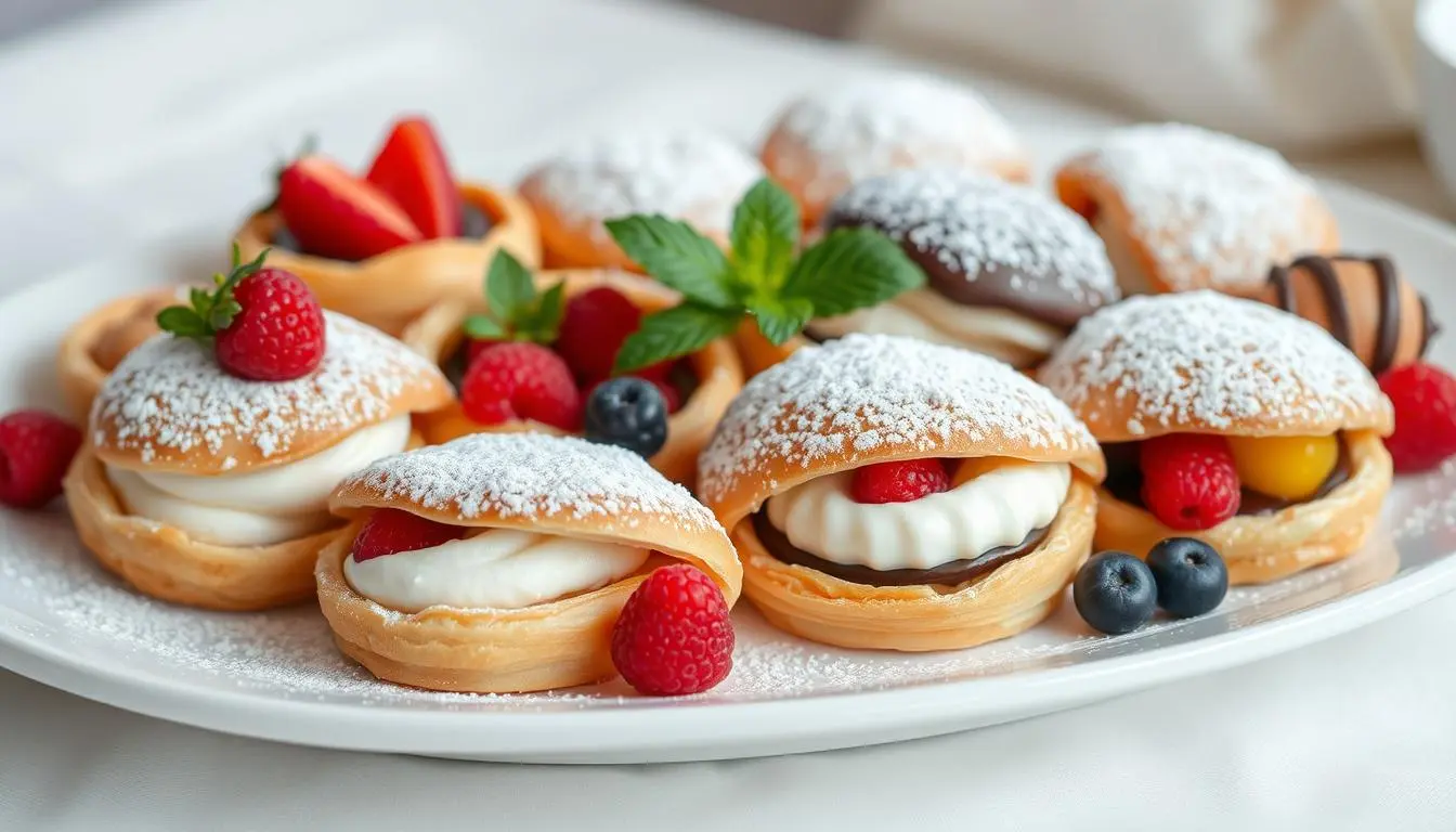 Golden, flaky puff pastries filled with vibrant fruits like strawberries, blueberries, and peaches, dusted with powdered sugar and garnished with mint.