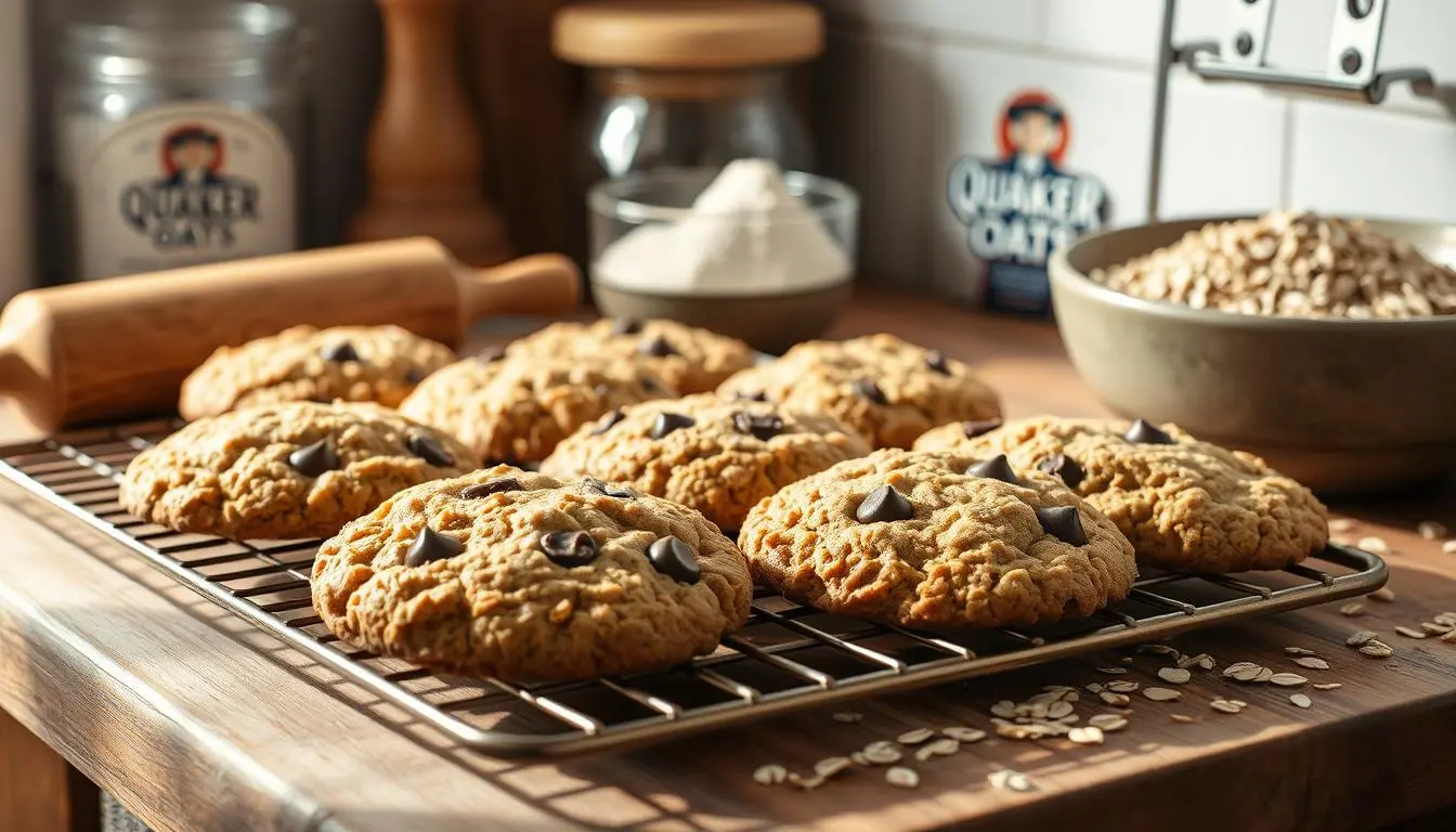 Golden-brown oatmeal cookies cooling on a wooden rack, with visible oats and chocolate chips.