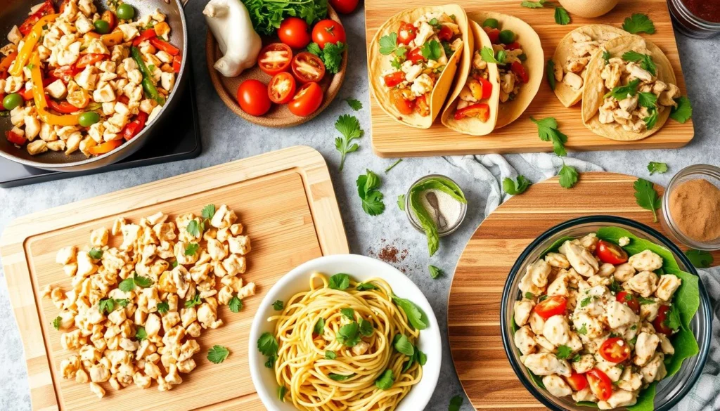 Sizzling stir-fried diced chicken with vibrant vegetables in a skillet, a quick and healthy meal option.