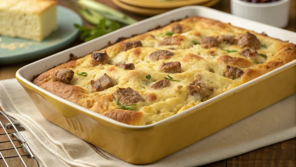 Bisquick breakfast casserole with sausage and eggs.
