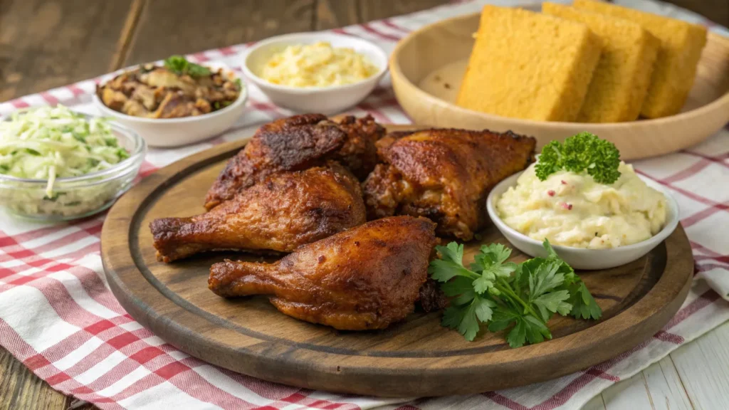 Smoked chicken thighs served with coleslaw and cornbread