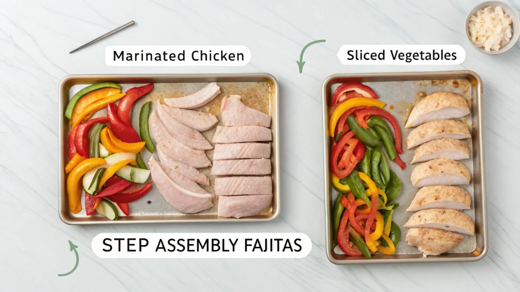 Raw chicken strips marinated with spices, sliced bell peppers, and onions arranged on a sheet pan, ready for baking.