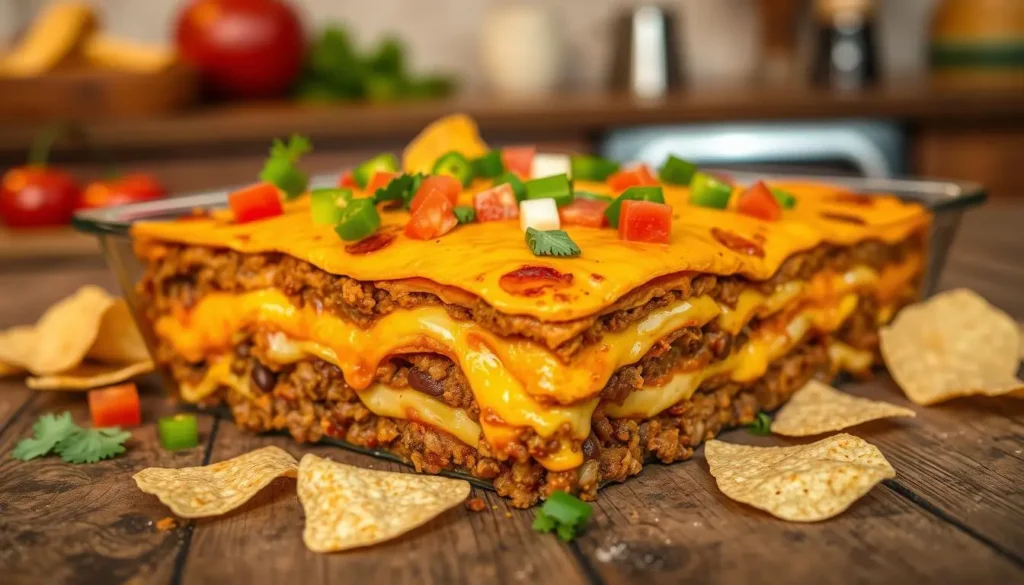 A close-up of a freshly baked taco lasagna, layered with melted cheese, seasoned ground beef, tortillas, and colorful toppings like diced tomatoes and cilantro, served in a casserole dish on a rustic wooden table.