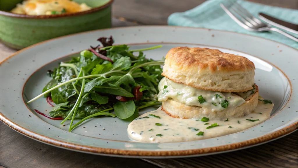 A serving of Chicken Pot Pie with Biscuits on a plate, paired with a fresh salad.