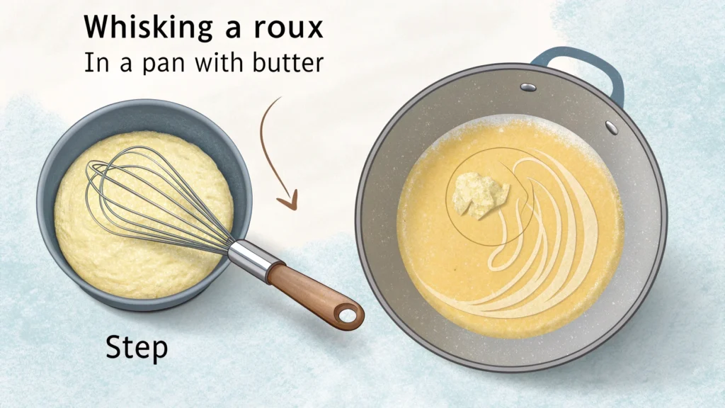 A skillet with flour and butter being whisked to create a smooth, golden roux for breakfast gravy.