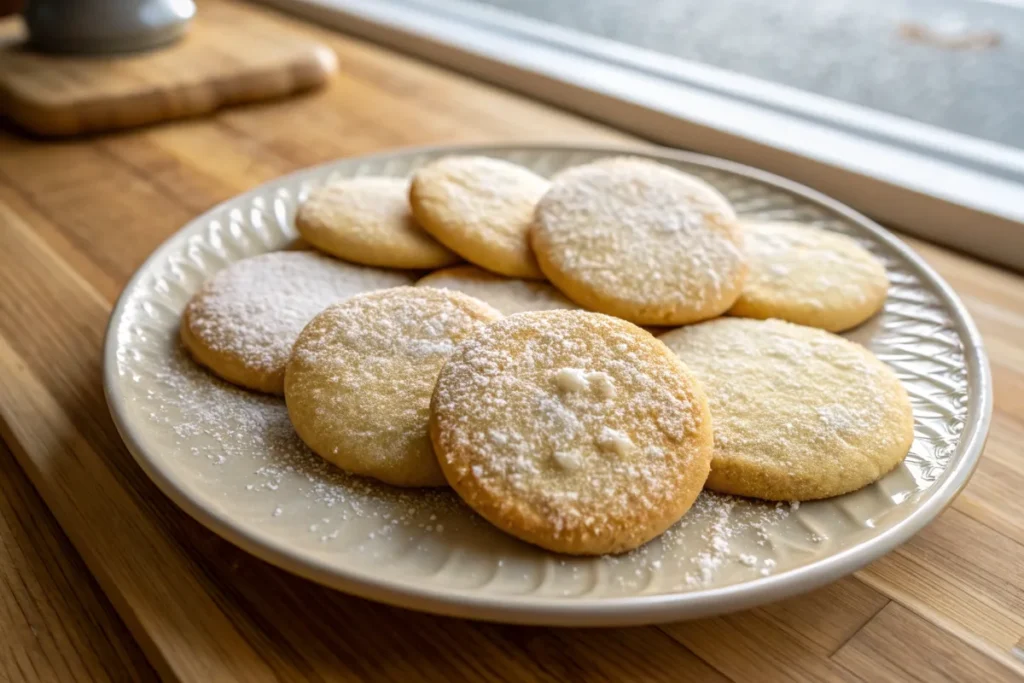 Freshly baked 3 ingredient sugar cookies with a light sugar coating.