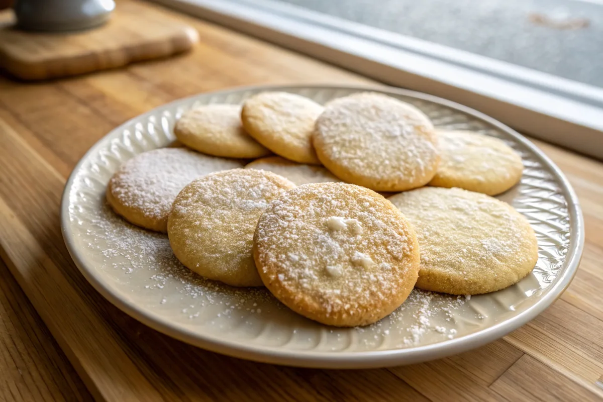 Freshly baked 3 ingredient sugar cookies with a light sugar coating.