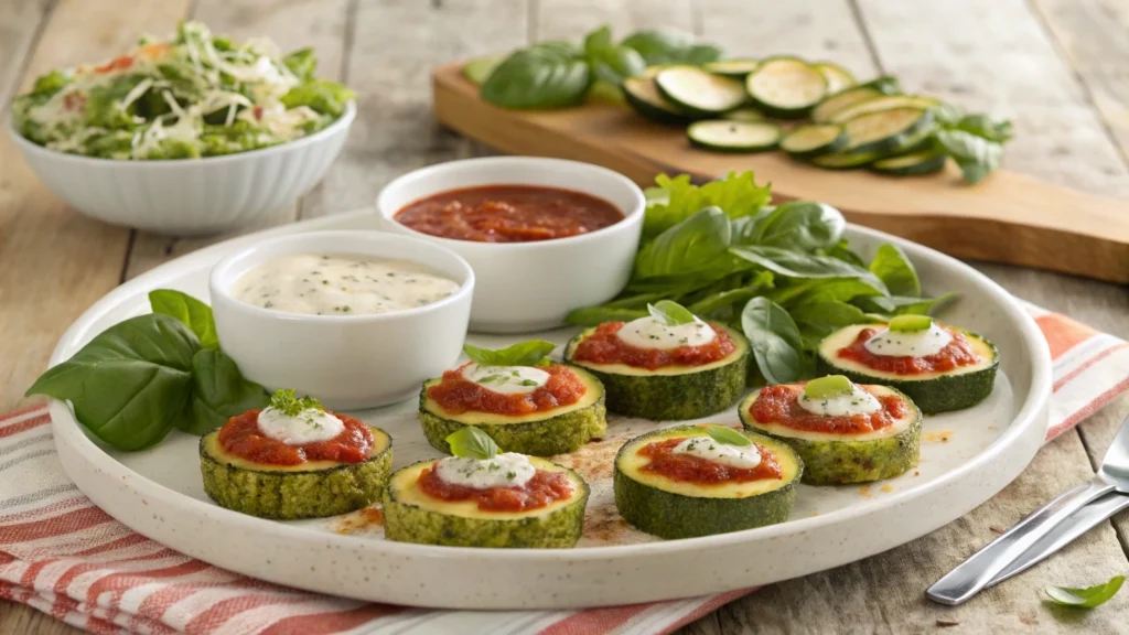 Zucchini pizza bites served with dipping sauces and salad.