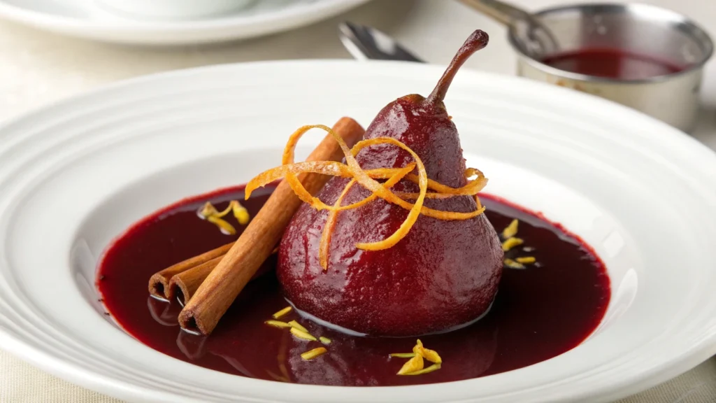 Poached pears in red wine sauce with cinnamon