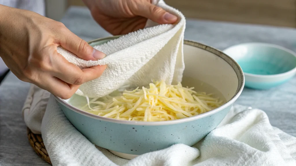 Draining shredded potatoes for crispy hash browns.