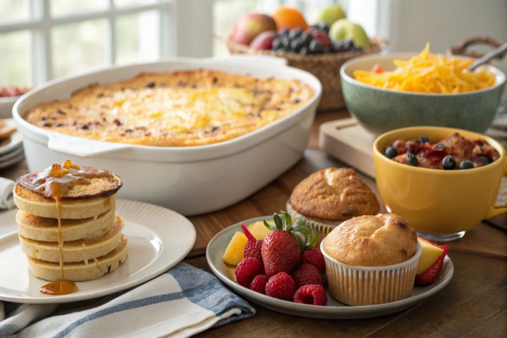 A beautifully arranged breakfast potluck recipes in a table with sweet and savory dishes.
