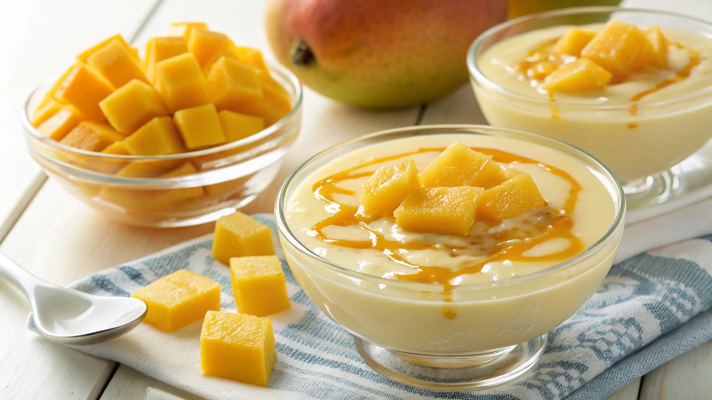 Creamy mango mousse with fresh mango slices