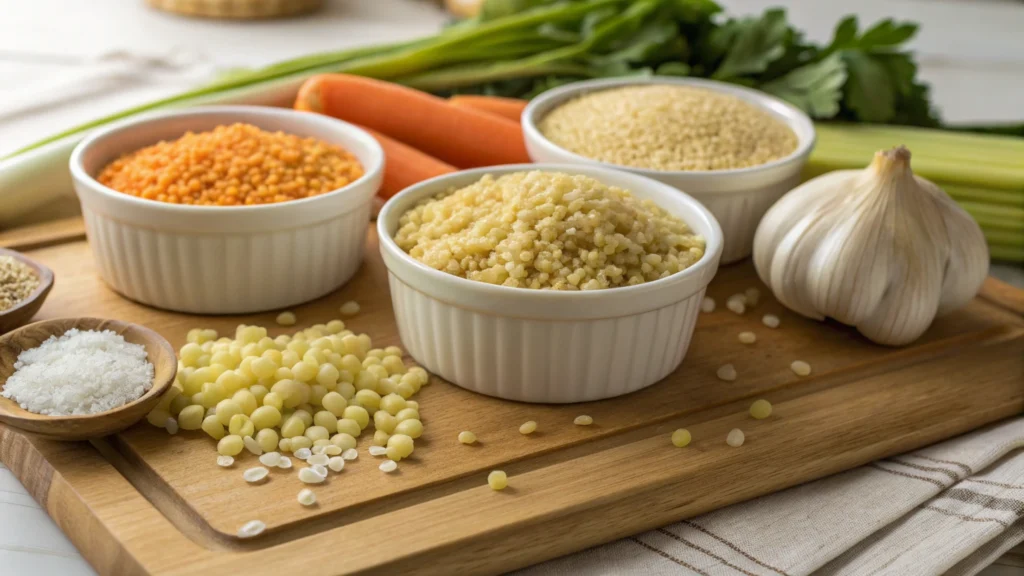 Pastina soup ingredients – tiny pasta, fresh vegetables, and herbs on a wooden board.