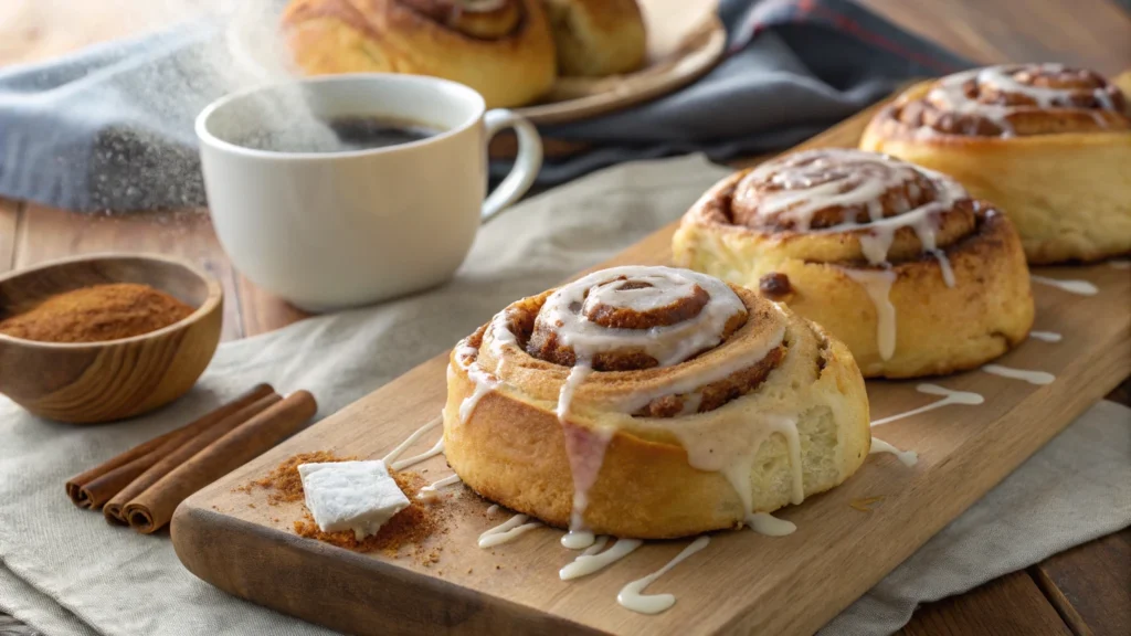 Freshly baked cinnamon rolls with vanilla icing for a brunch potluck.