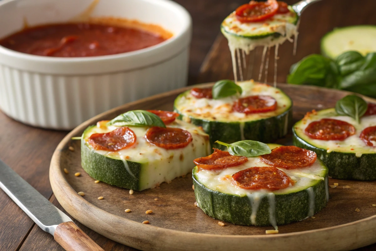 Freshly baked zucchini pizza bites with melted cheese and pepperoni.
