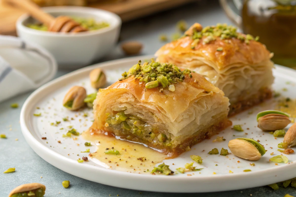 Golden crispy baklava with phyllo dough and honey drizzle