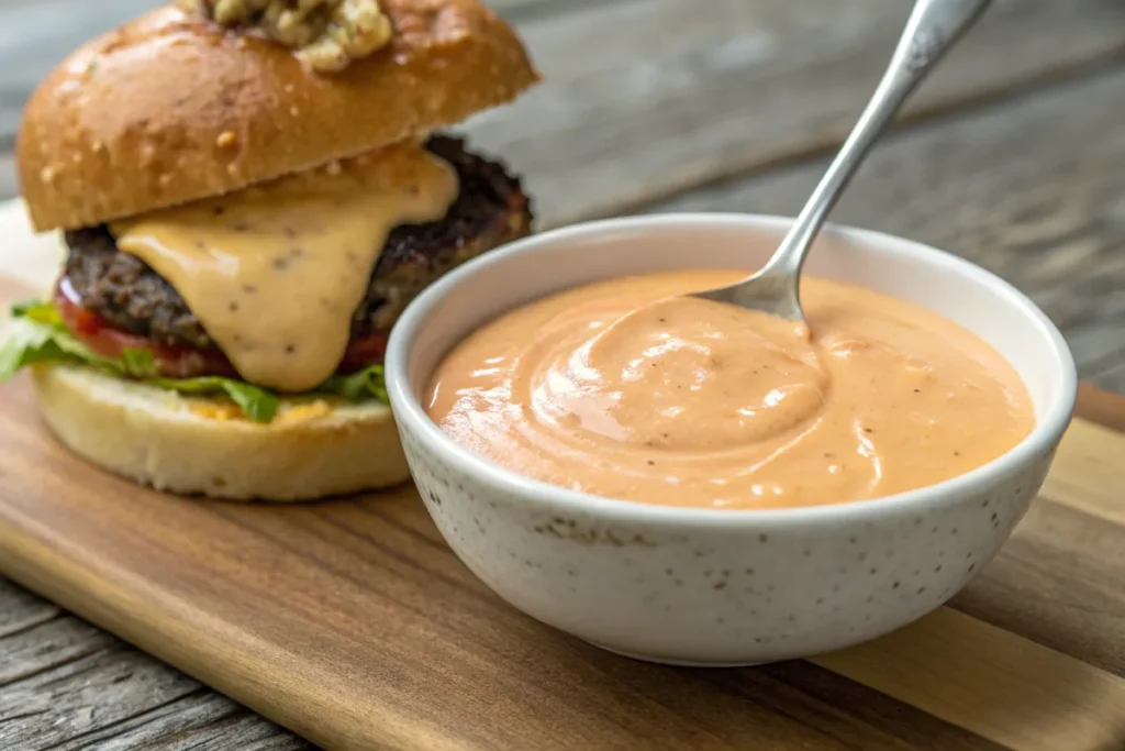 Homemade smash burger sauce recipe in a bowl next to a burger.