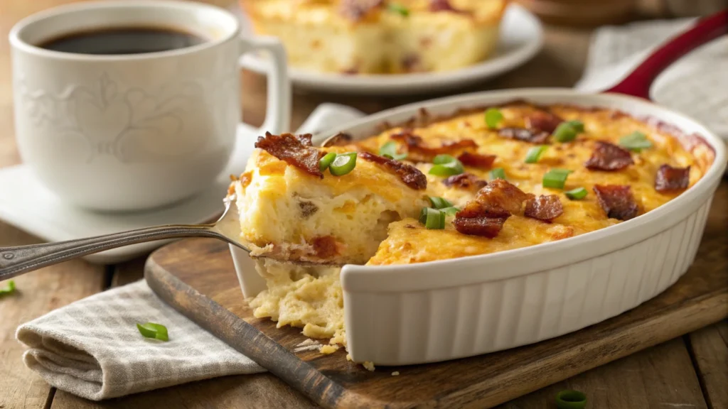 Classic breakfast casserole with eggs, cheese, and crispy bacon for a breakfast potluck recipes.