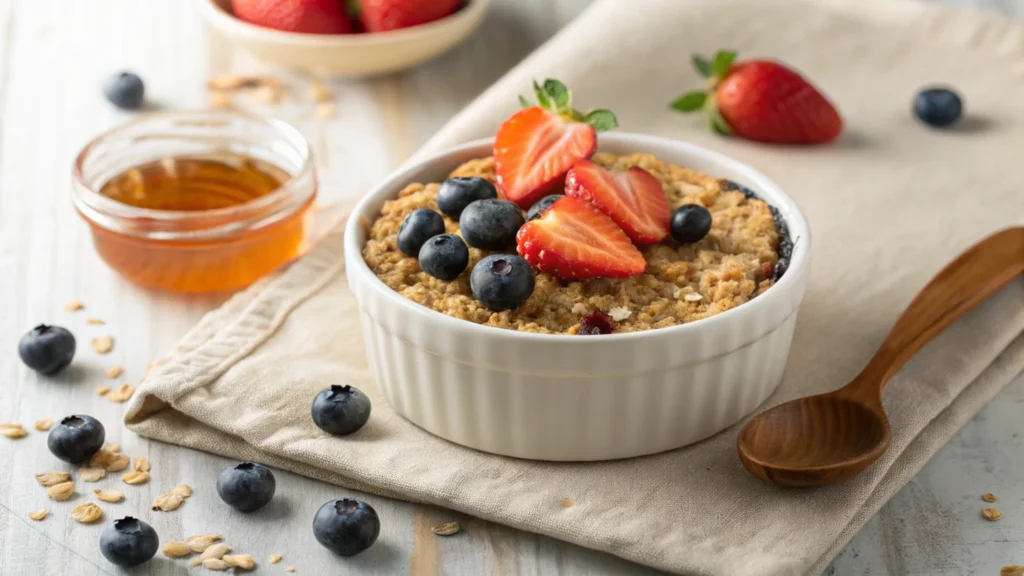 Baked oatmeal topped with fresh fruit and honey for a healthy breakfast potluck.