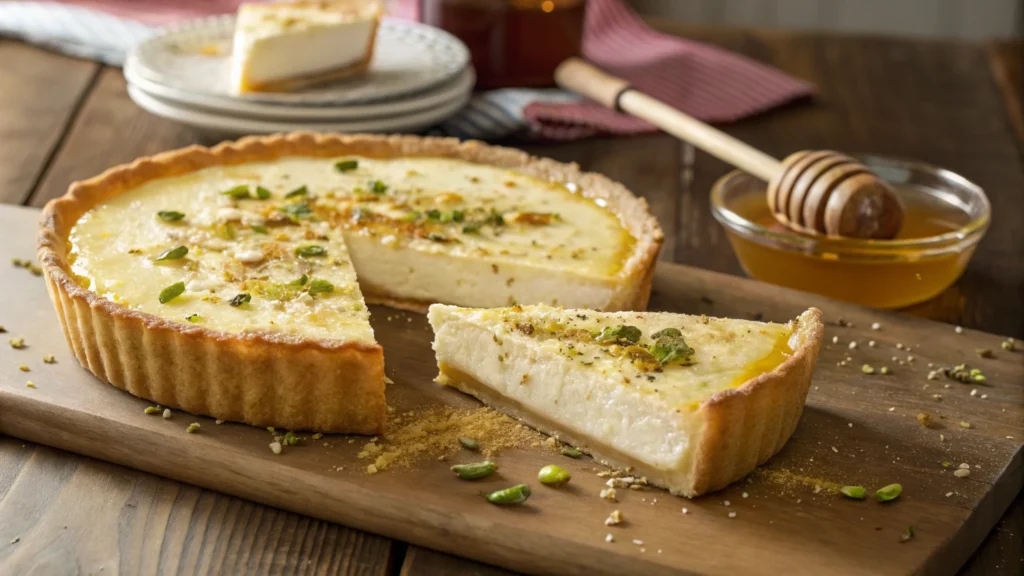 Ricotta and honey tart with a golden crust and pistachio topping.